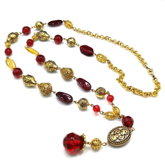 Vintage Long Tassel Necklace, Large Red Lucite & Filigree beads, Wire Wrapped - Picture 7 of 10